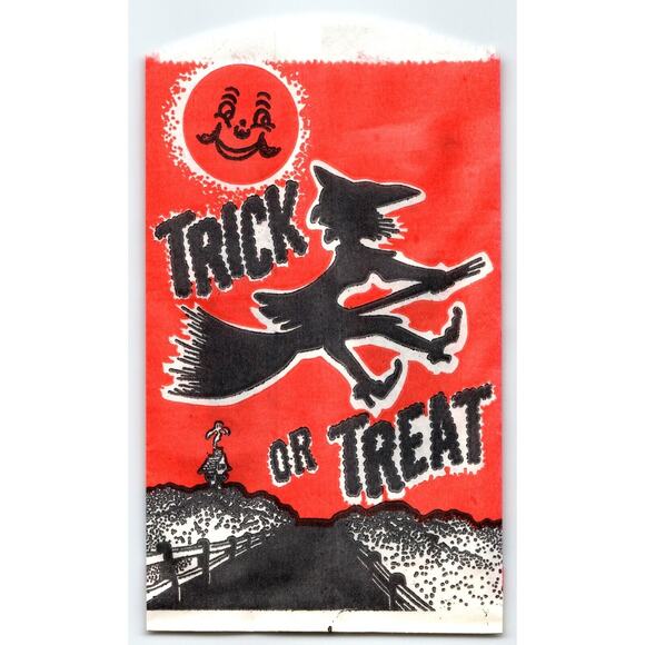 Halloween Vintage Trick Or Treat Goodie Bag Witch On Broom Smiling Moon Man - Picture 1 of 2
